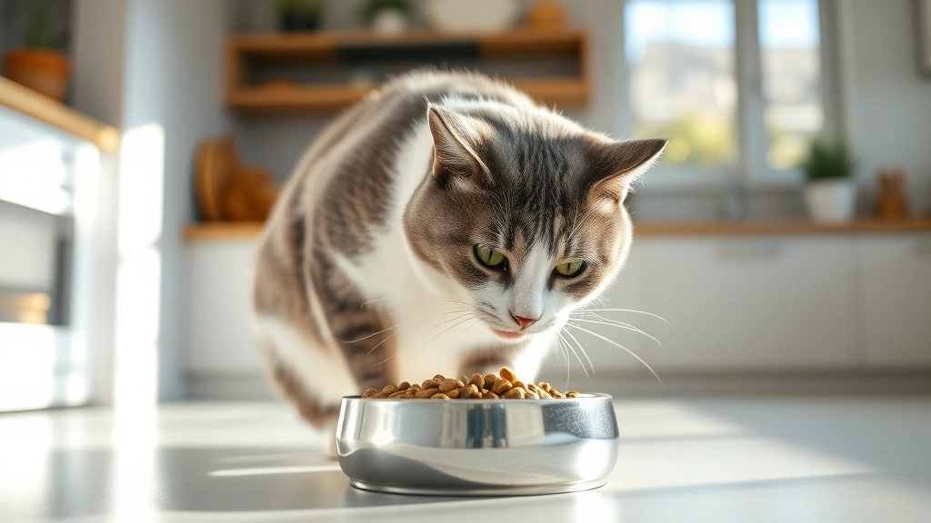 abnormal-lymphocyte-count-in-cats -
Photorealistic image of a gray and white cat eating from a food bowl filled wit