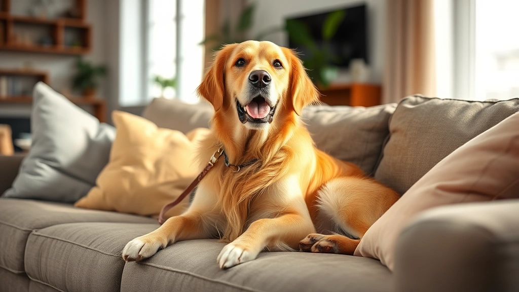 aggression-in-dogs - 
friendly golden retriever sitting peacefully on a living room couch with soft n
