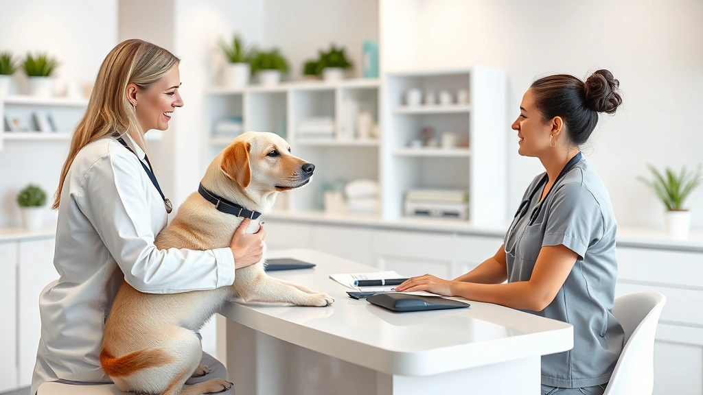 aggression-in-dogs - 
discussing a treatment plan at a modern clinic desk with a gentle dog present
