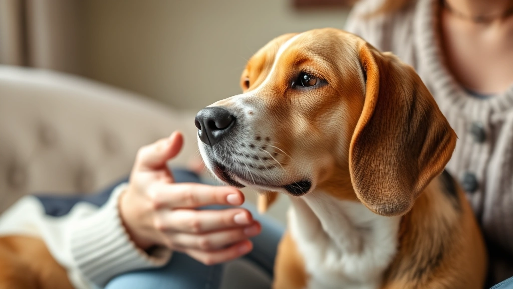 aging-dog-dementia-care -
An elderly beagle being gently petted by a caring woman’s hand during a q