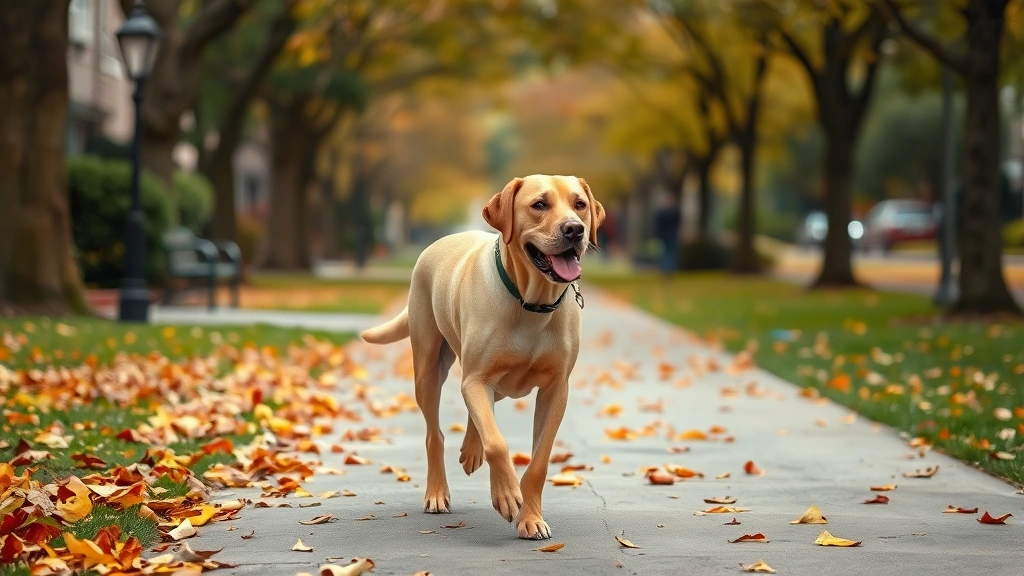 aging-dog-dementia-care -
A senior labrador mix enjoying a slow walk through a quiet neighborhood park wi