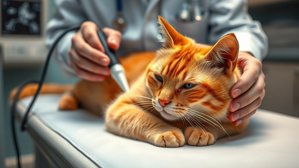 ascites-in-cats - 
Photorealistic image of a veterinarian performing an ultrasound examination on 