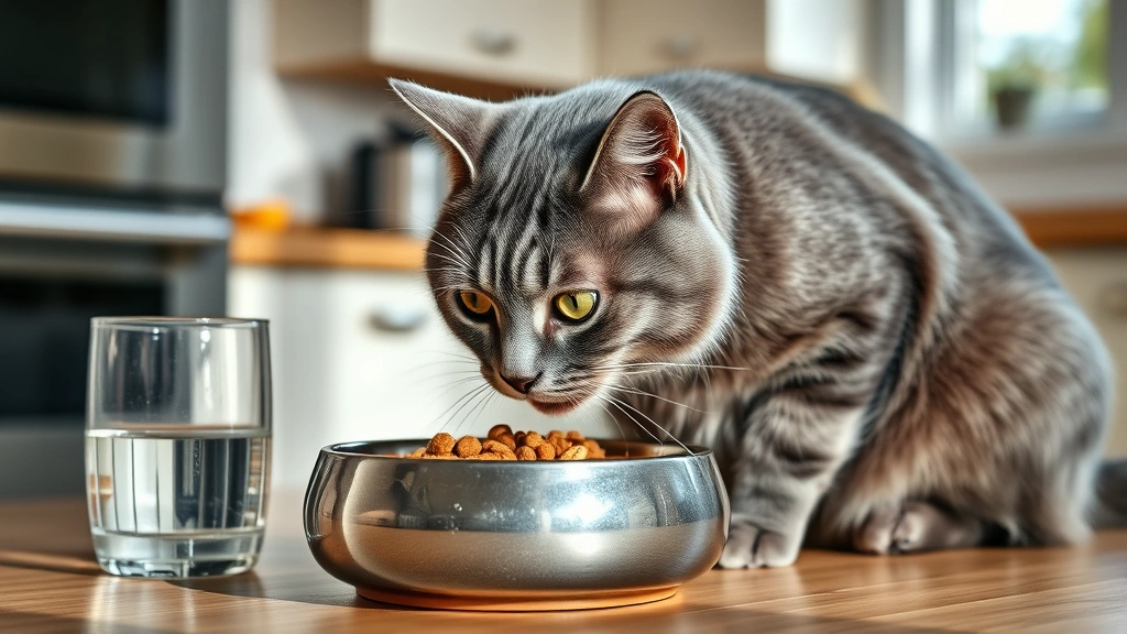 ascites-in-cats - 
Photorealistic image of a senior gray cat eating from a specialized diet food b