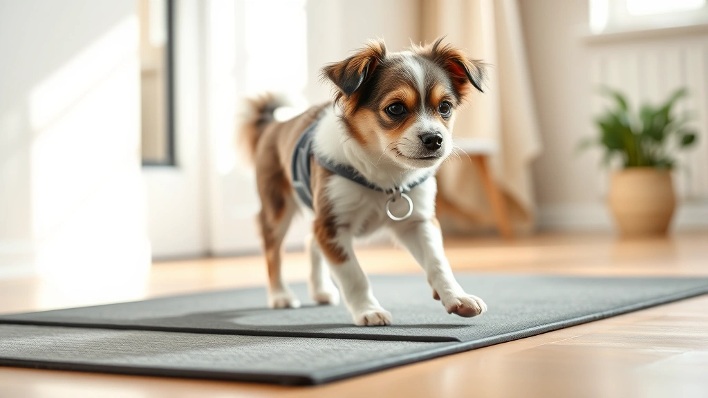 canine-vestibular-disease - 
A small mixed-breed dog carefully walking across a non-slip mat in a bright, sa