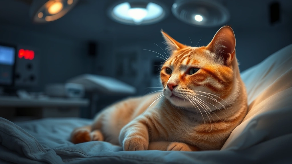 cat-spay-complications - 
dimly lit room during post-operative recovery. The cat looks calm and comfortab