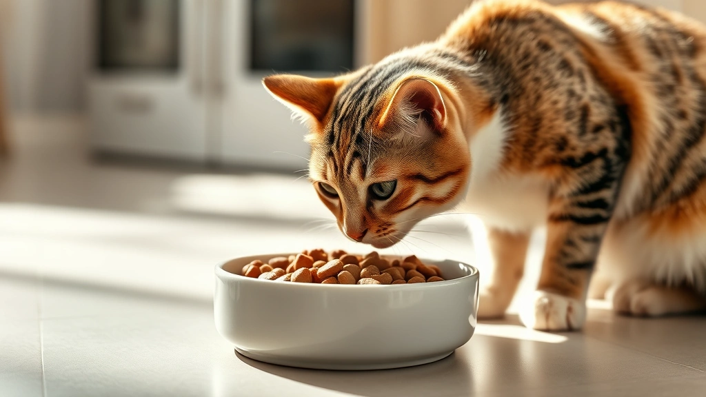 clostridium-infection-in-cats -
Photorealistic image of a cat eating from a ceramic food bowl filled with high-