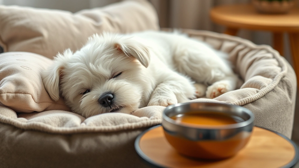 dog-cough-medication - 
A close-up of a small white dog resting peacefully on an elevated dog bed with 