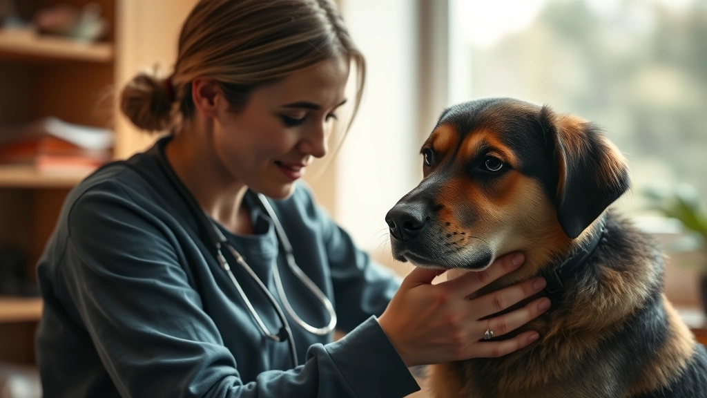 dog-in-heat - 
Photorealistic image of a caring pet owner gently petting and comforting a fema