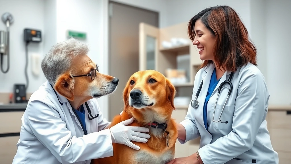 dog-in-heat - 
Photorealistic image of a veterinarian in a clinic speaking warmly with a dog o