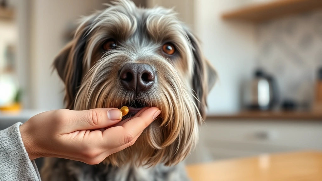 elderly-dog-cognitive-supplements -
Photorealistic close-up of a senior gray-muzzled dog being gently offered a sup