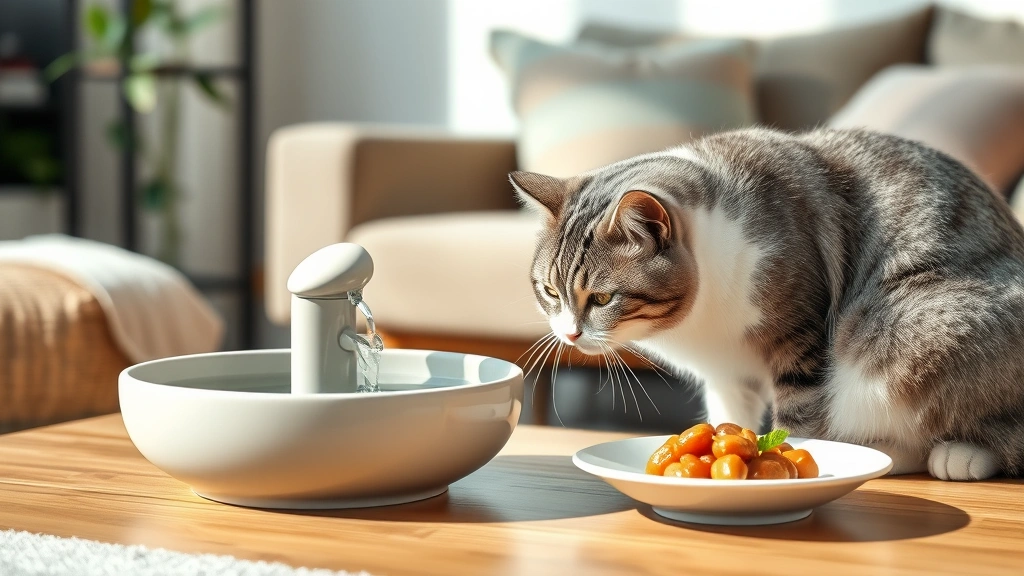 feline-kidney-support-diet -
A gray and white cat drinking fresh water from a modern ceramic water fountain