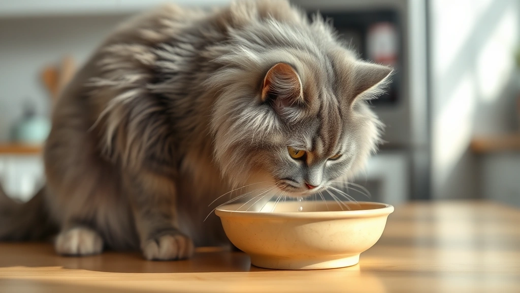 feline-urinary-tract-infection-uti - 
Photorealistic image of a long-haired gray cat drinking from a ceramic water bo