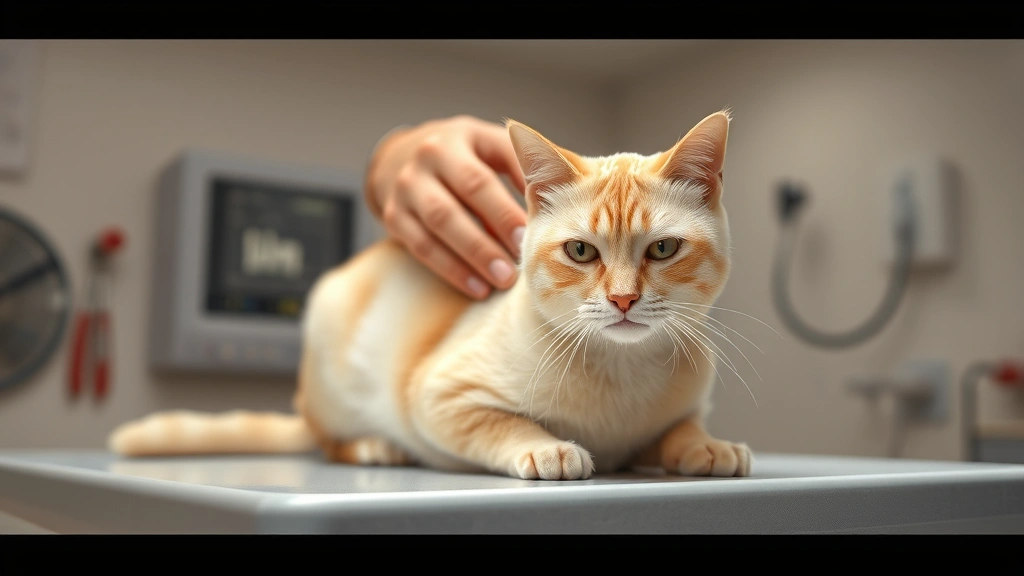 feline-urinary-tract-infection-uti - 
Photorealistic image of a veterinarian’s hands gently examining a cream-c