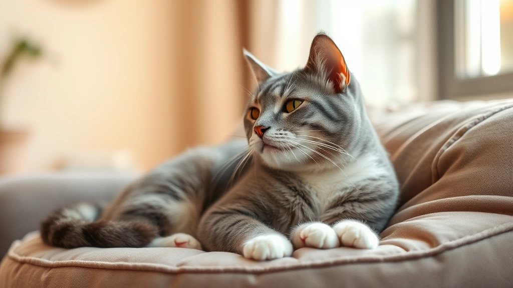 hyperkeratosis-in-cats -
A photorealistic image of a gray and white cat sitting comfortably on a soft cu