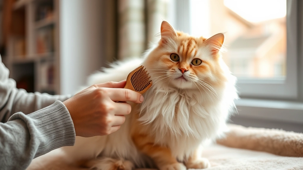 hyperkeratosis-in-cats -
A photorealistic image of a long-haired cream-colored cat being gently groomed
