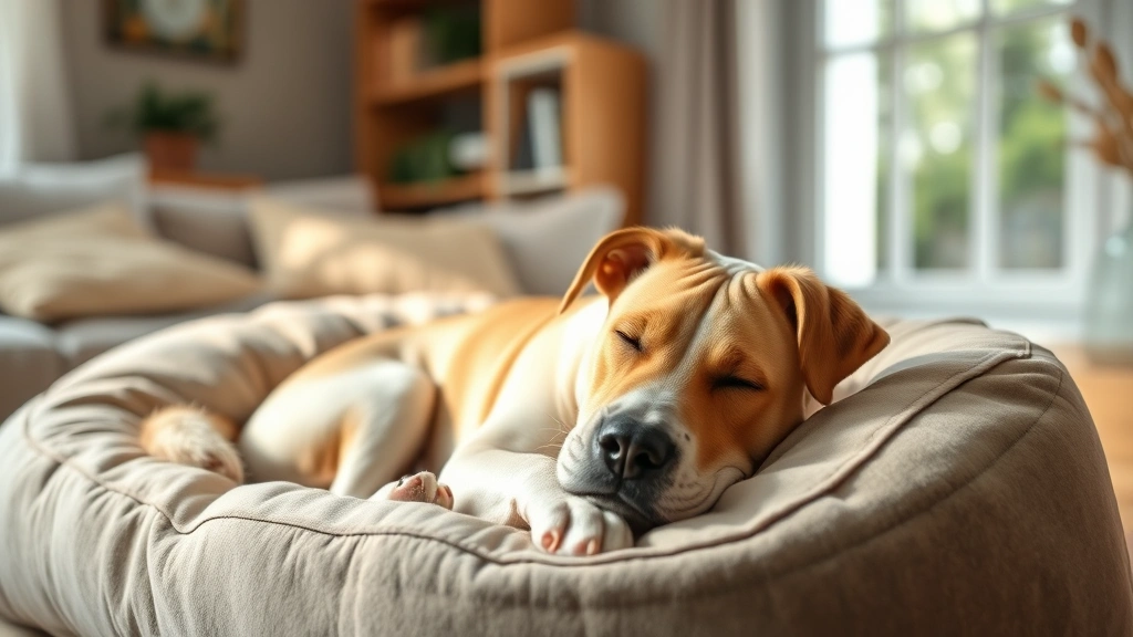 hypoalbuminemia-in-dogs - 
A peaceful scene of a dog resting comfortably on a soft bed at home, looking ca