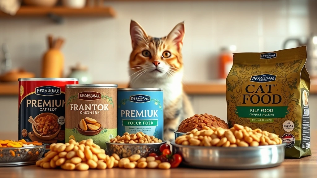 ibd-diet-for-cats - 
Close-up of various premium cat food options including canned and dry kibble fo