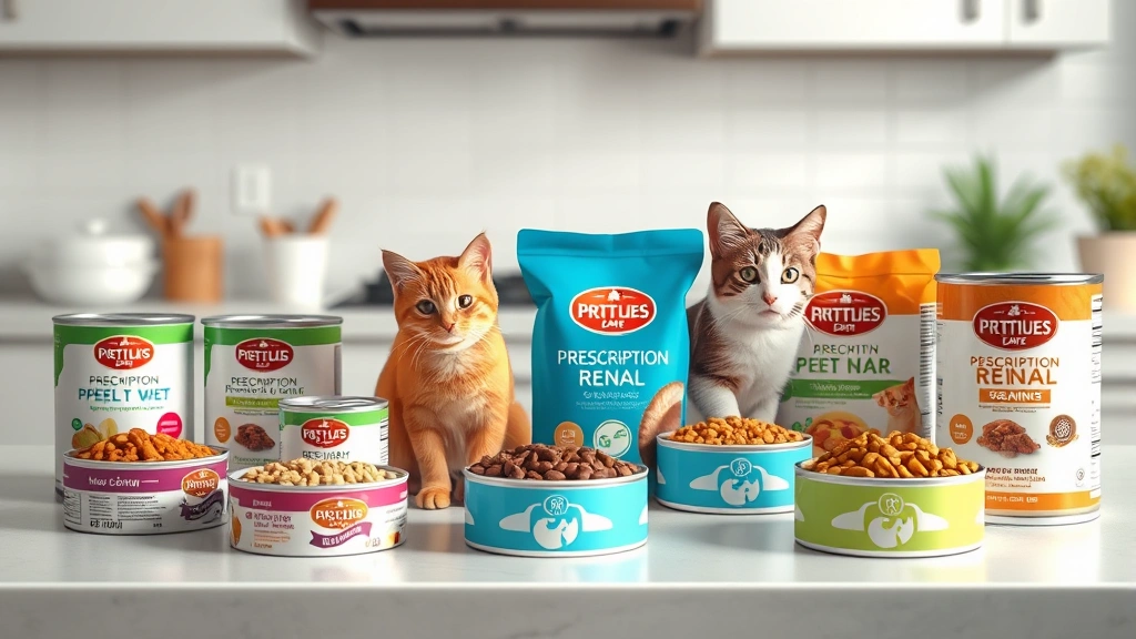 low-phosphorus-cat-food - 
Photorealistic image of various cat food bowls and cans arranged on a kitchen c