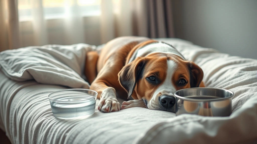 meloxicam-overdose-in-dogs - 
A dog resting on a comfortable bed with fresh water bowl nearby, during recover