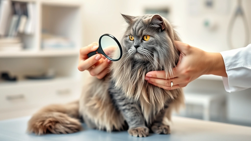 miliary-dermatitis-in-cats - 
Photorealistic image of a long-haired gray cat being gently examined by a veter