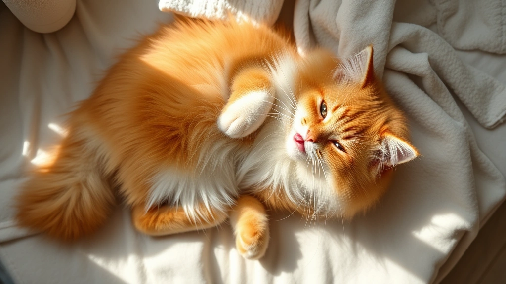miliary-dermatitis-in-cats - 
Photorealistic overhead view of a fluffy orange and white cat lying on a soft b