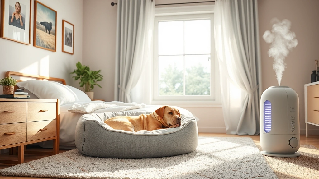 nasal-congestion-in-dogs - 
Photorealistic image of a cozy dog bed in a bright bedroom with a humidifier ru