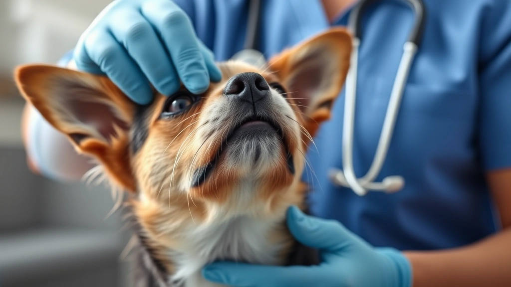nasal-congestion-in-dogs - 
Photorealistic photo of a veterinarian examining a small terrier dog’s na