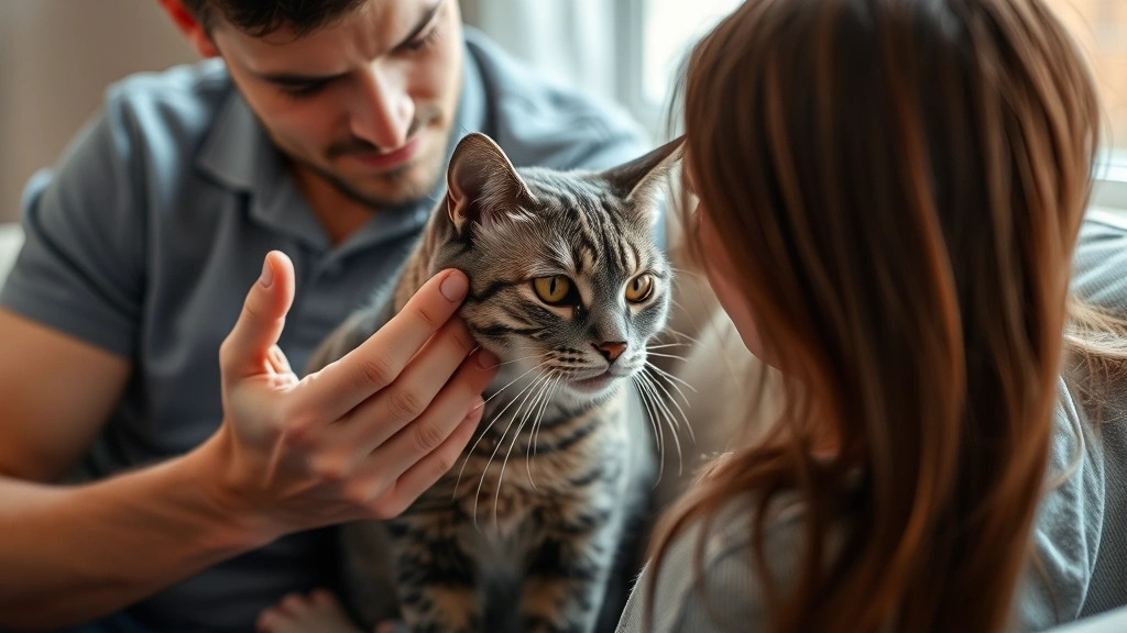 ocular-hemorrhage-in-cats - 
A concerned cat owner gently examining their gray tabby cat’s eye in good