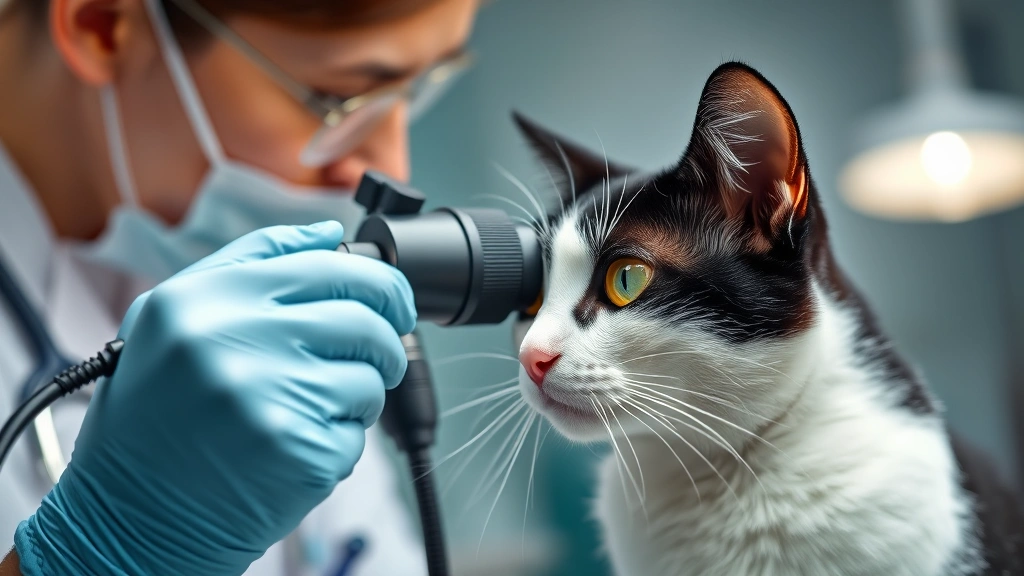 ocular-hemorrhage-in-cats - 
A veterinarian in a clinical setting using an ophthalmoscope to examine a black
