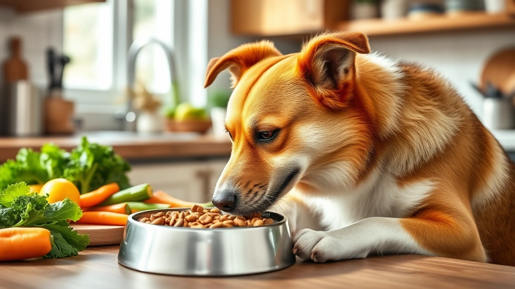 pancreatitis-in-dogs -
Photorealistic image of a healthy-looking medium-sized dog eating from a food b