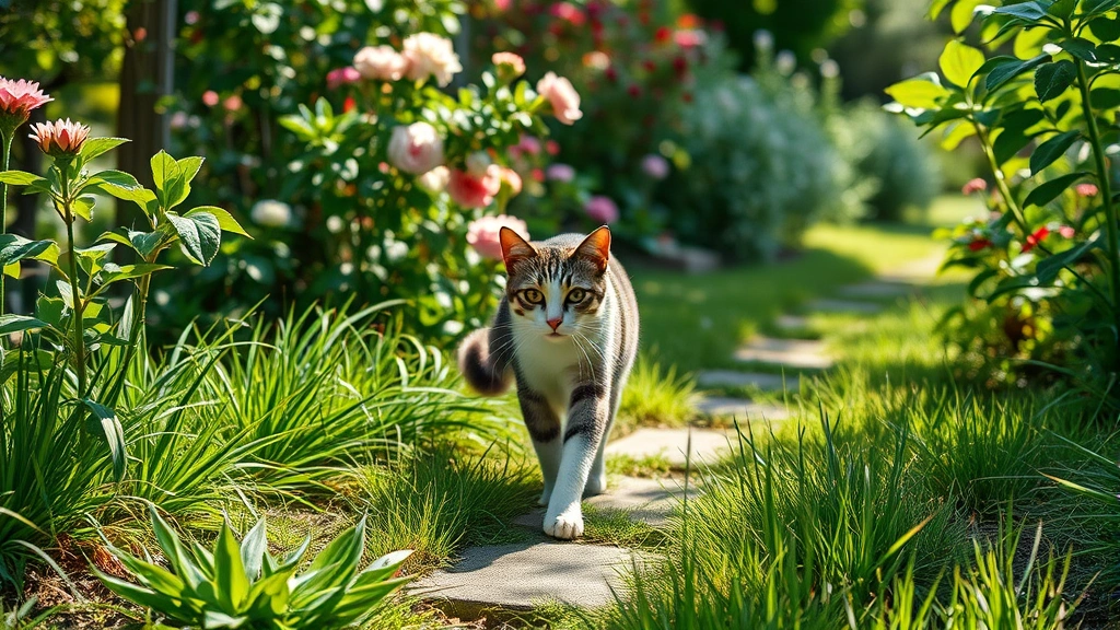 pesticide-poisoning-in-cats -
An outdoor garden scene with green grass and plants, a gray and white cat walki