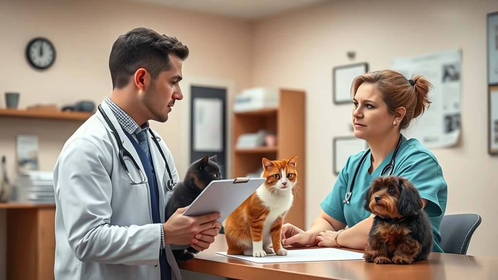 pesticide-poisoning-in-cats -
A veterinary clinic interior with a concerned cat owner speaking to a professio