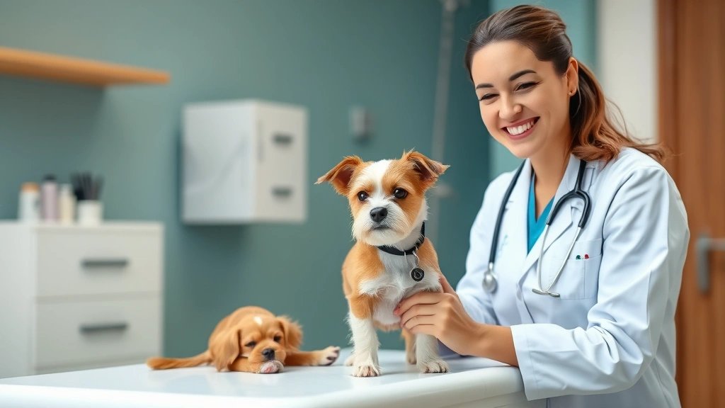 pet-antacids -
A friendly female veterinarian in a white coat smiling warmly while examining a
