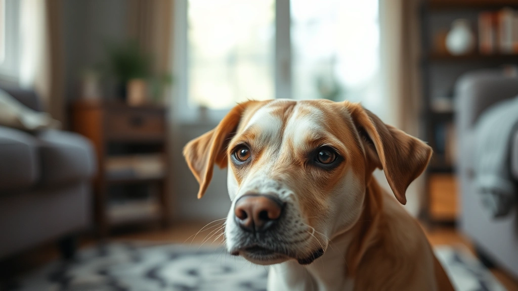 pet-concussion-signs - 
the dog looking slightly dazed or disoriented in soft indoor lighting
