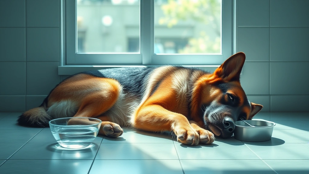 pet-fever-reducer - 
Photorealistic image of a resting German Shepherd lying on a cool tile floor ne