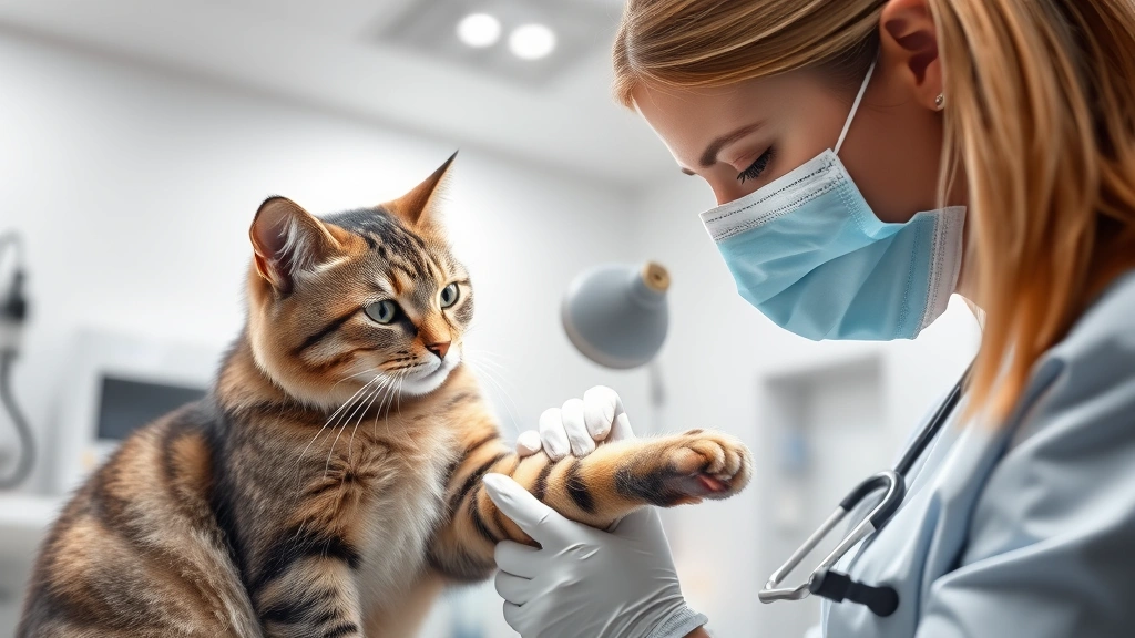 pet-wound-infection - 
Photorealistic image of a veterinarian in a clean clinic examining a tabby cat&