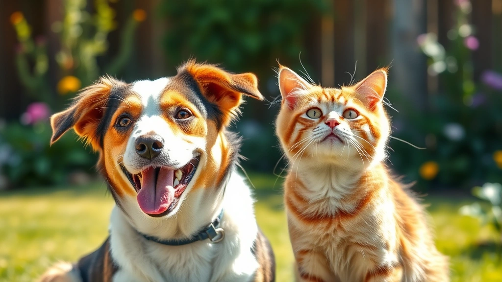 pet-wound-infection - 
Photorealistic image of a healthy-looking dog and cat together outdoors in sunl
