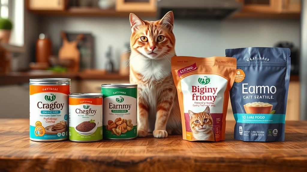 senior-cat-kidney-diet -
Photorealistic image of various kidney-friendly cat food cans and pouches arran