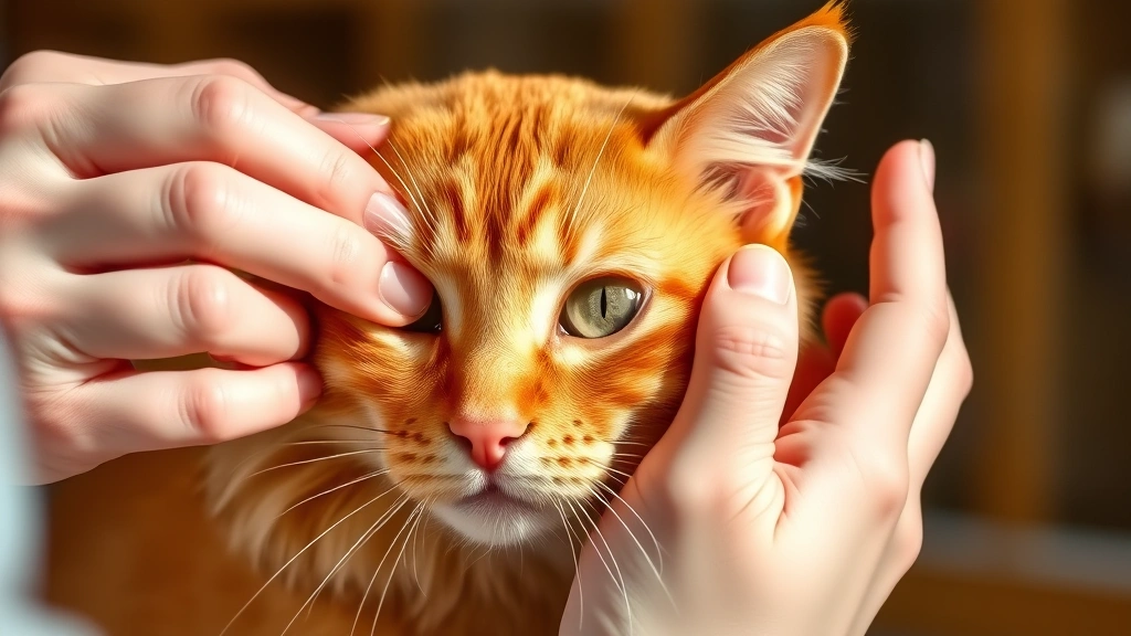 tear-duct-blockage-in-cats -
Hands of a veterinarian gently examining a relaxed orange cat’s eye area