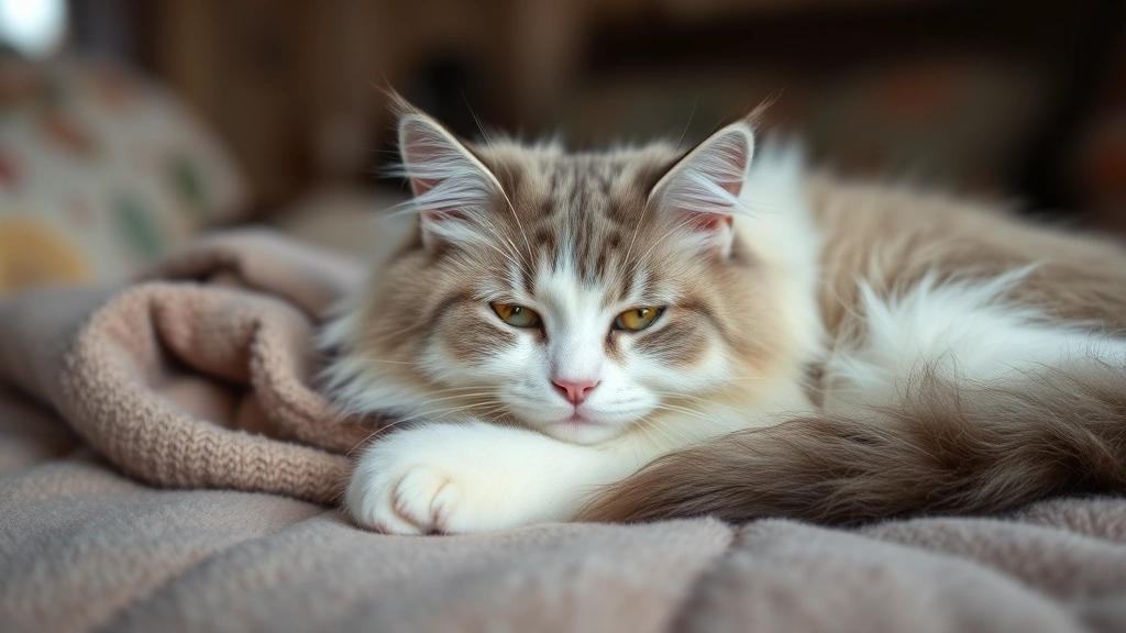 tear-duct-blockage-in-cats -
A fluffy white and gray cat resting peacefully on a soft blanket with clean, br