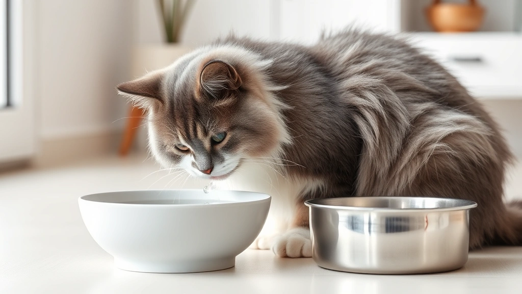 urinary-health-cat-food-2 - 
A fluffy gray and white cat drinking fresh water from a modern ceramic water bo
