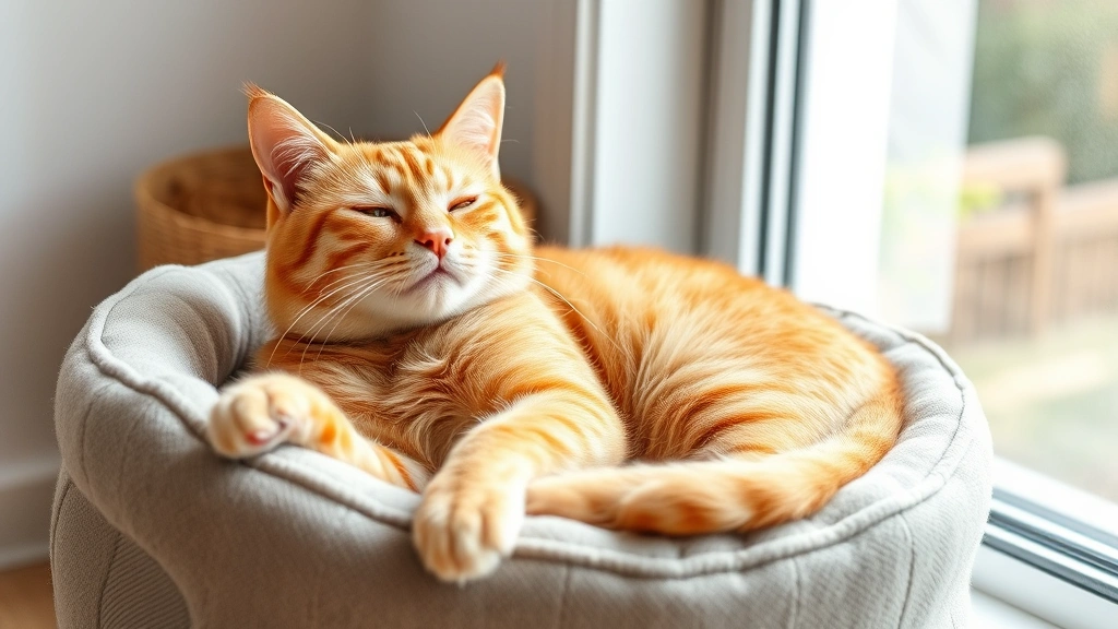 urinary-health-cat-food-2 - 
An orange tabby cat relaxing on a comfortable cat bed near a window, appearing 