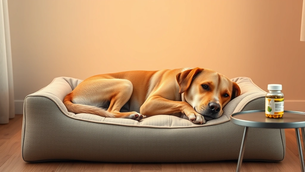 dog-kidney-supplements - 
Photorealistic image of a senior dog resting comfortably on an orthopedic dog b