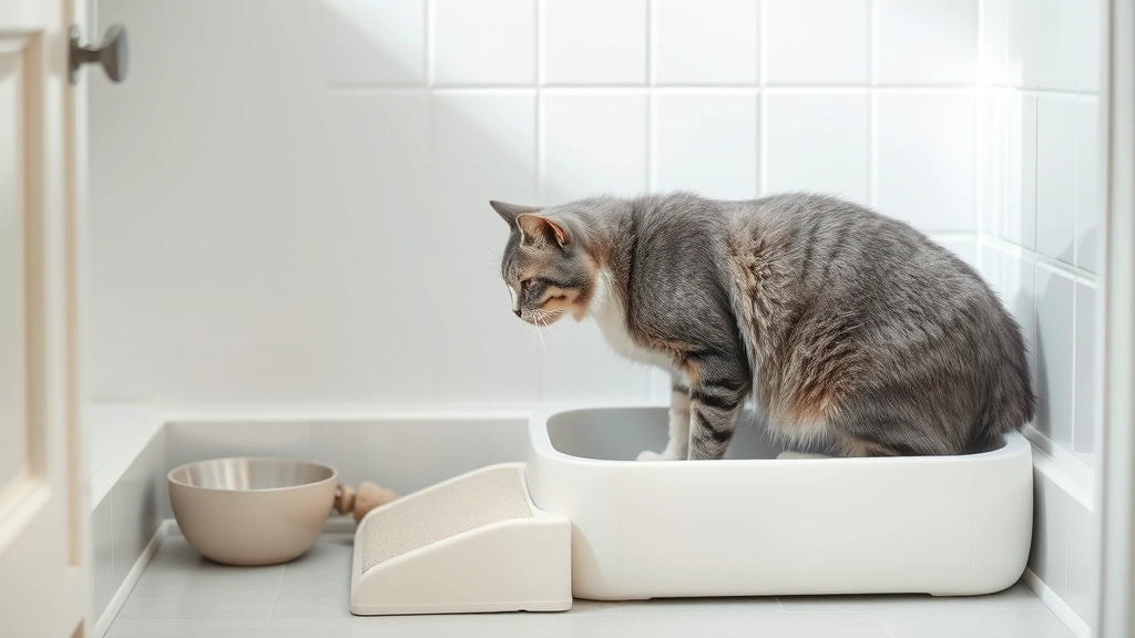 elderly-cat-constipation-remedies -
An elderly gray and white cat using a low-sided litter box in a bright, clean b