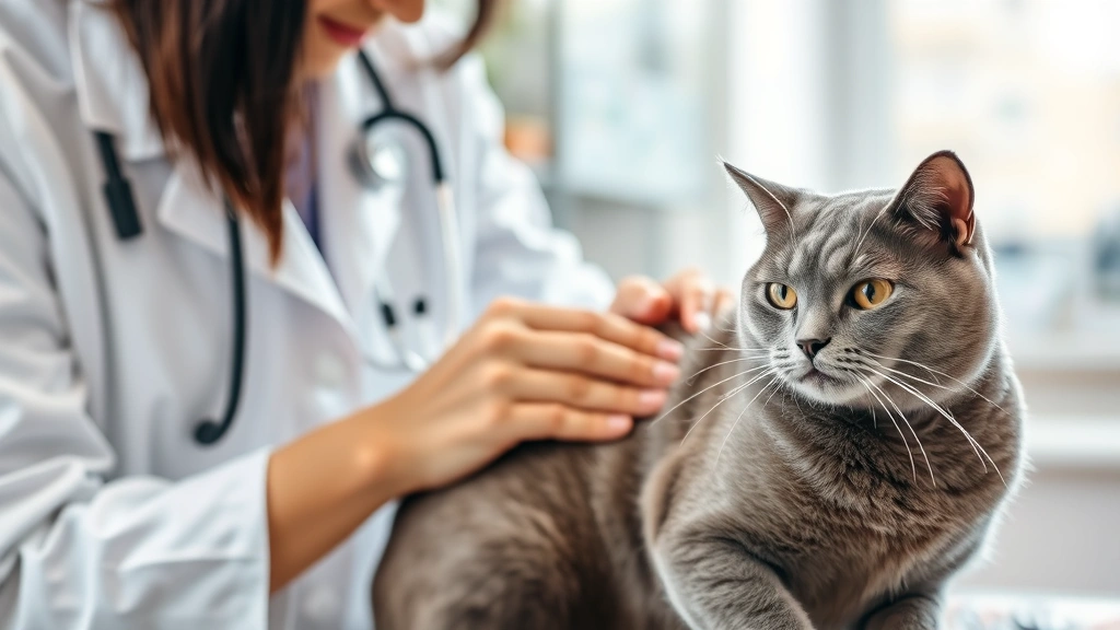 eosinophilic-granuloma-in-cats -
A veterinarian in a white coat gently examining a gray cat’s skin during