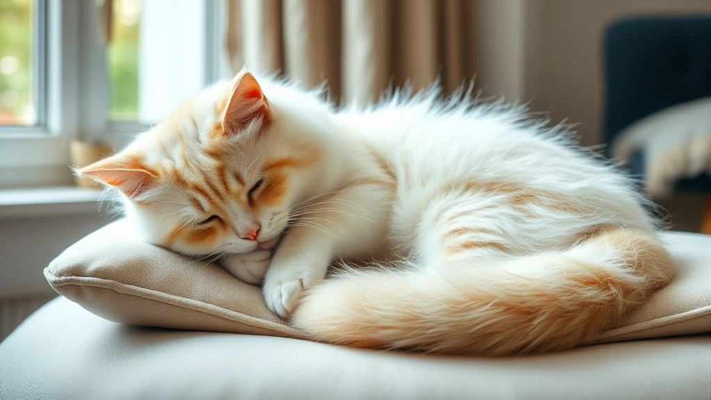 eosinophilic-granuloma-in-cats -
A fluffy white and cream cat relaxing on a soft cushion indoors, grooming itsel