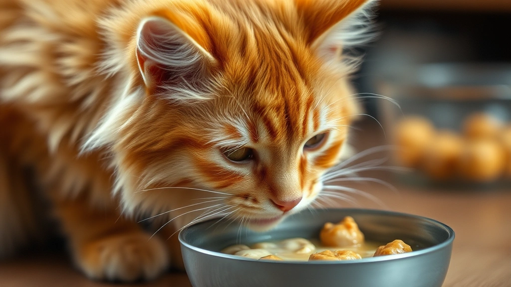 feline-stomatitis-in-cats -
A fluffy orange cat eating soft wet food from a bowl, gentle warm lighting, pho