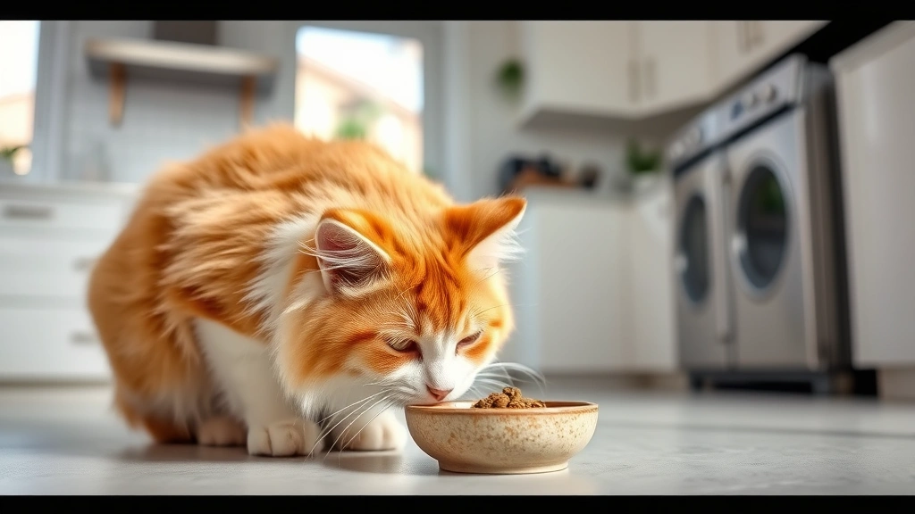 gastritis-in-cats -
A fluffy orange and white cat eating from a small ceramic bowl of wet food in a