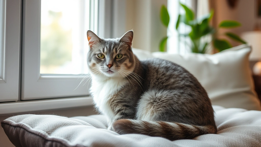 gastritis-in-cats -
A gray and white cat sitting peacefully on a cozy cushion near a sunny window,