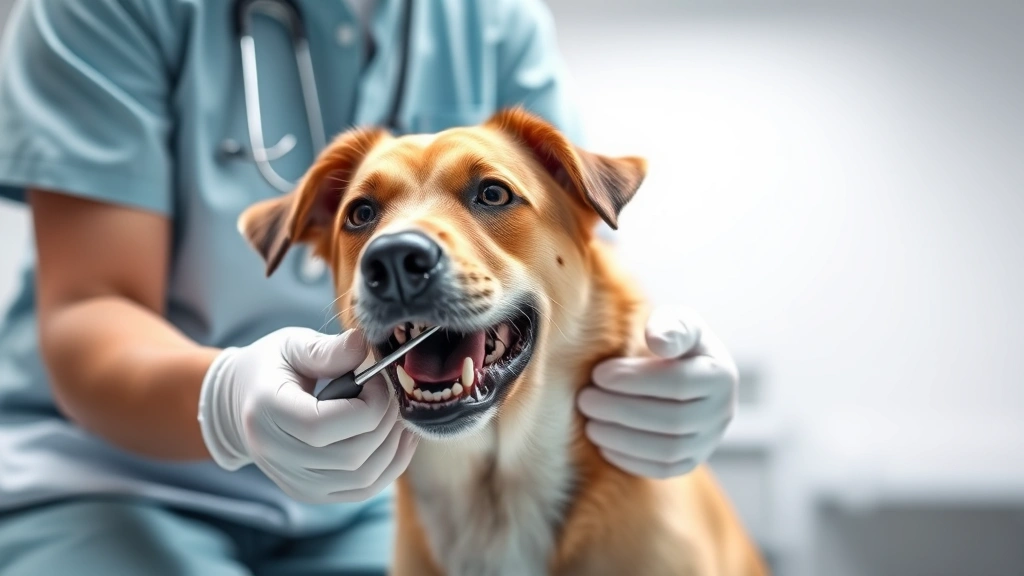 gum-disease-in-dogs - 
Photorealistic image of a veterinarian examining a medium-sized dog’s mou